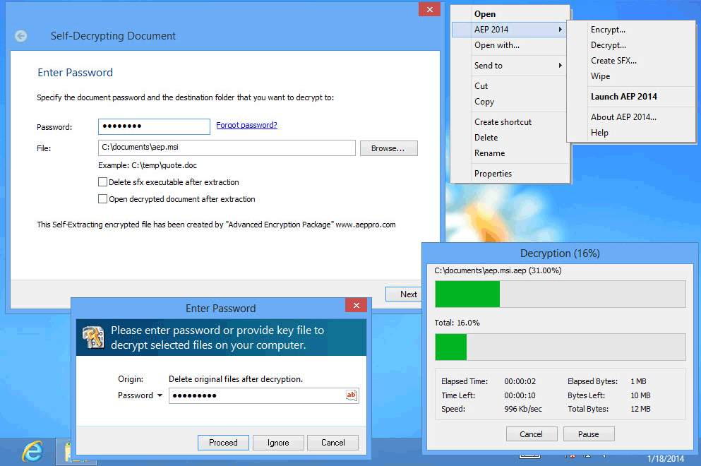 128-2048 bit file encryption, secure file deletion, self-decrypting files