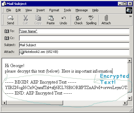 The email window with the encrypted text