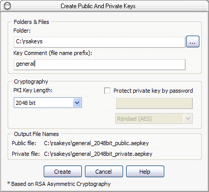 This picture contains the screenshot of the AEP PRO's tool for creating public and private key files