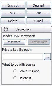 The form containing controls for decryption of RSA encrypted file