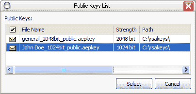 The window with the list of available public key files