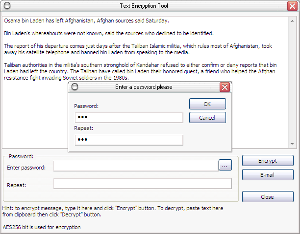 Encrypting text in the text encryption tool