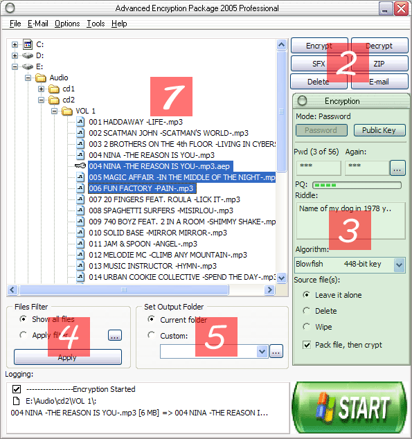 The layout of regions on the main window of Advanced Encryption Package