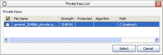 The window with the list of private RSA key files