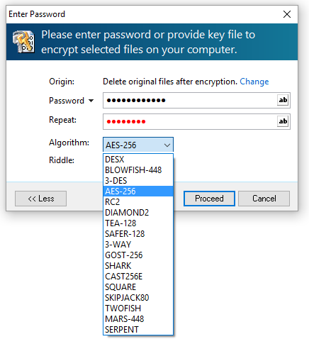 encrypt file with password and 256-bit AES
