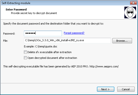 Self-decrypting document on Windows XP