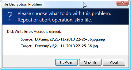 decryption error dialog