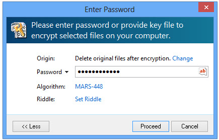 File encryption password window in expanded mode